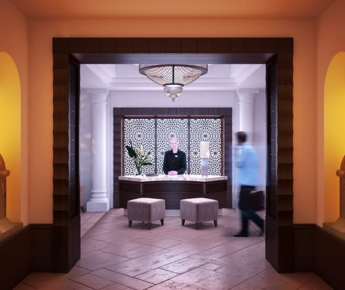 A reception and waiting area for a luxurious spa and hotel